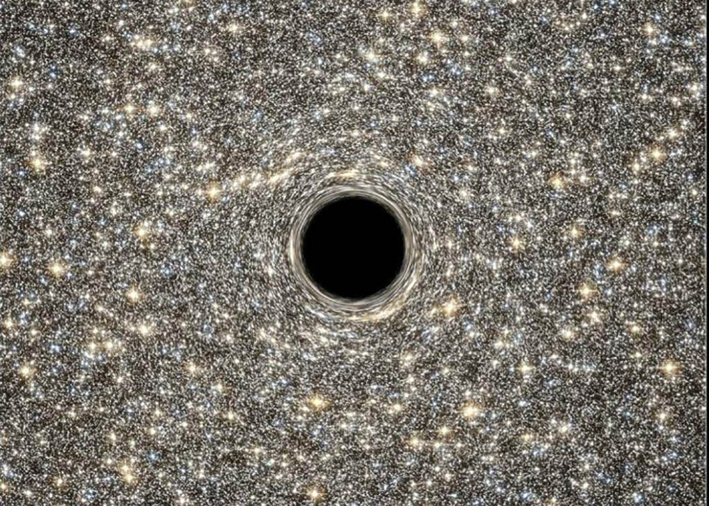 تصویر هنرمندانه شبیه سازی شده سیاهچاله ای که توسط ستاره احاطه شده است.